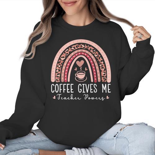 Coffee Gives Me Teacher Powers Leopard Rainbow Teacher Women Crewneck Sweatshirt - teacherstshirts.com AU