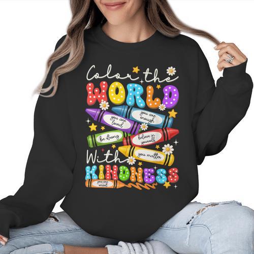 Color The World With Kindness Crayon Positivity Teacher Women Crewneck Sweatshirt - teacherstshirts.com AU