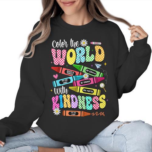 Color The World With Kindness Teacher Back To School Women Crewneck Sweatshirt - teacherstshirts.com CA