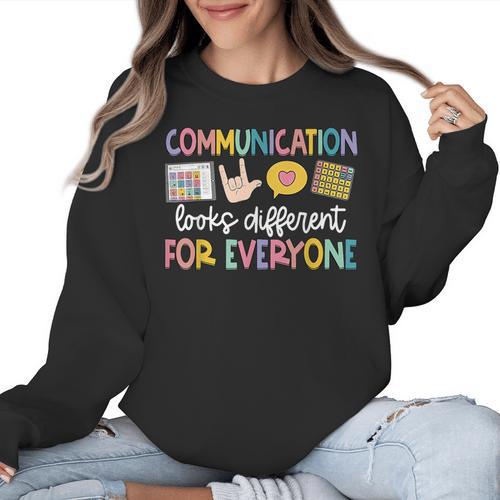 Communication Looks Different Tee Shirt Kids -Adults Teacher Animal Print Small Short Sleeve Classic Fit Crew Neck Polyester 100 Women Crewneck Sweatshirt - teacherstshirts.com UK