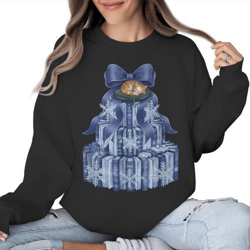 Coquette Bow Book Tree Merry Christmas Xmas Teacher Holiday Women Crewneck Sweatshirt - teacherstshirts.com UK