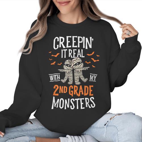 Creepin It Real With My 2nd Grade Monsters Halloween Teacher For Men Women Kids Women Crewneck Sweatshirt - teacherstshirts.com DE