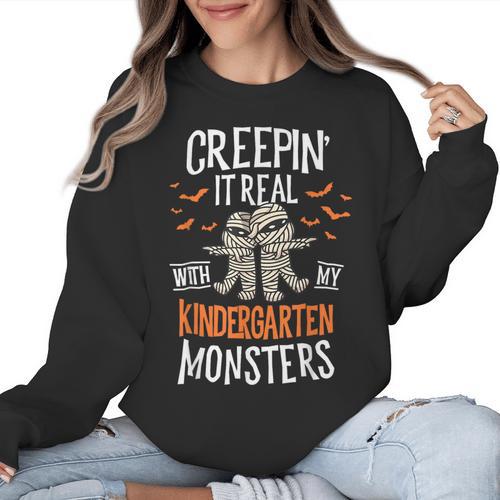 Creepin It Real Kindergarten Monsters Halloween Teacher Women Crewneck Sweatshirt - teacherstshirts.com AU