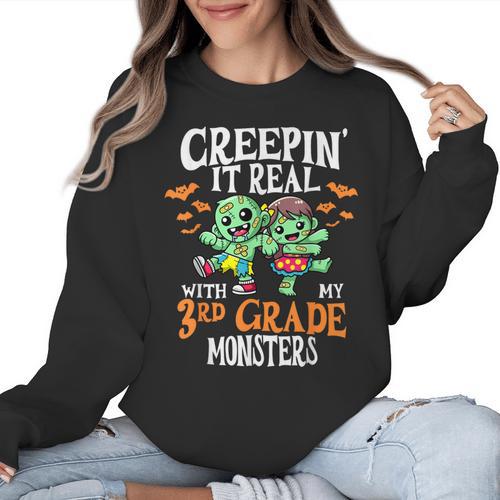 Creepin It Real Monster School 3rd Grade Teacher Halloween Women Crewneck Sweatshirt - teacherstshirts.com UK