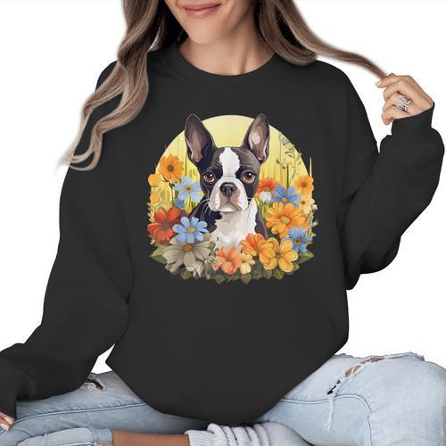 Cute Boston Terrier Spring Flower Garden Colorful Puppy Dog Women Crewneck Sweatshirt - Bostonterriersmerch.com