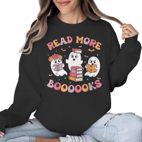 Cute Ghost Book Read More Books Teachers Halloween Women Crewneck Sweatshirt - teacherstshirts.com UK