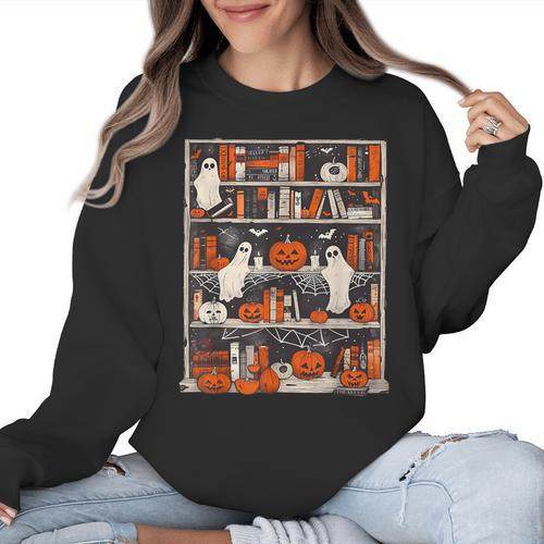 Cute Ghost Book Reading Books Lover Spooky Teacher Halloween Women Crewneck Sweatshirt - teacherstshirts.com AU