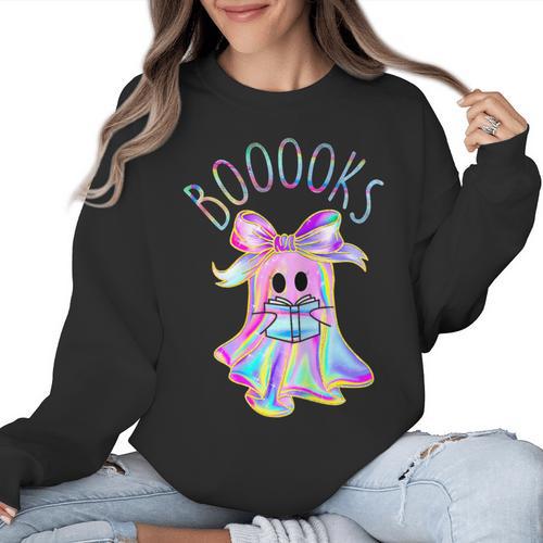 Cute Ghost Book Reading Halloween Teacher Top Girls Women Women Crewneck Sweatshirt - teacherstshirts.com CA