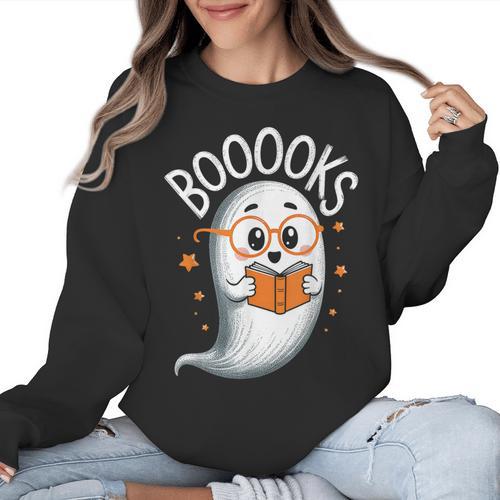 Cute Ghost Book Reading Halloween Teacher Women Crewneck Sweatshirt - teacherstshirts.com UK