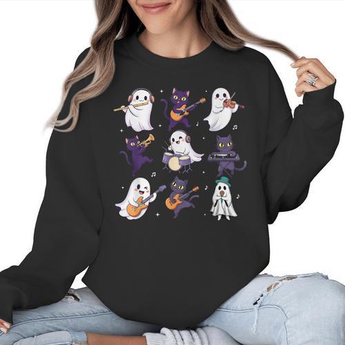 Cute Ghost Cat Playing Musical Halloween Music Teacher Women Crewneck Sweatshirt - teacherstshirts.com