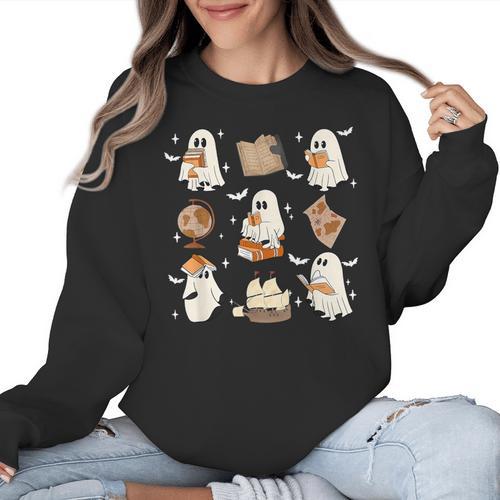 Cute Ghosts Reading Book Bookworm Halloween History Teacher Women Crewneck Sweatshirt - teacherstshirts.com