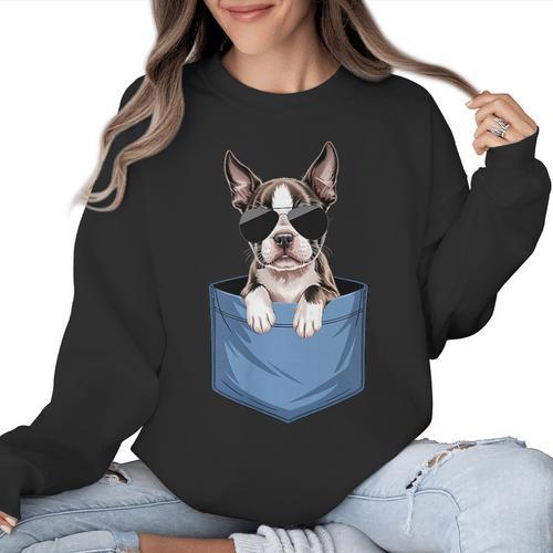Cute Pocket Boston Terrier Lover Dog Mom Women Crewneck Sweatshirt - Bostonterriersmerch.com