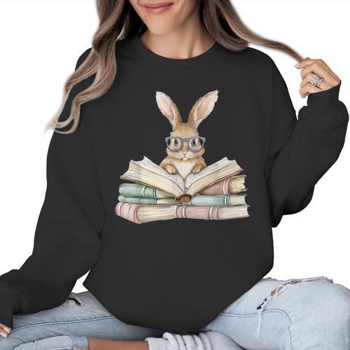 Cute Reading Bunny Glasses Books Bookworm Reader Teacher Women Crewneck Sweatshirt - teacherstshirts.com