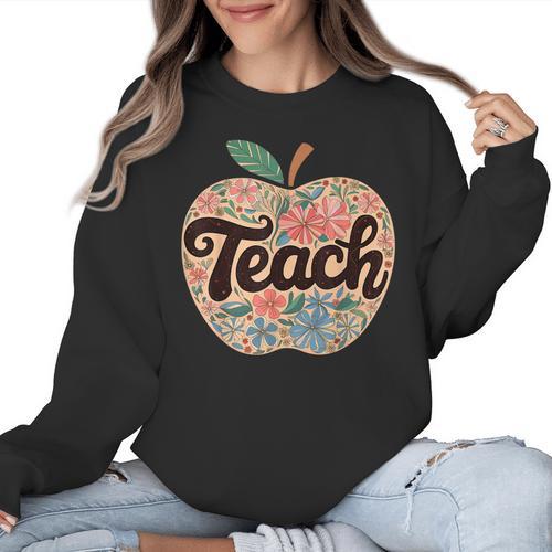 Cute Teacher With Apple Retro Teacher Kids Back To School Women Crewneck Sweatshirt - teacherstshirts.com CA