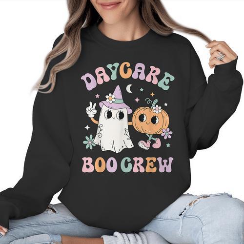 Daycare Boo Crew Groovy Halloween Floral Ghost Kid Teacher Women Crewneck Sweatshirt - teacherstshirts.com AU