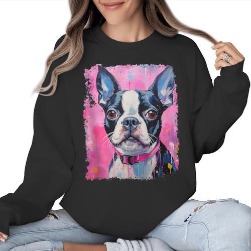 Dog Pink Boston Terrier Women Crewneck Sweatshirt - Bostonterriersmerch.com