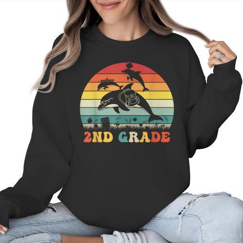 Dolphin Second Grade Back To School Teacher Student Women Crewneck Sweatshirt - teacherstshirts.com AU