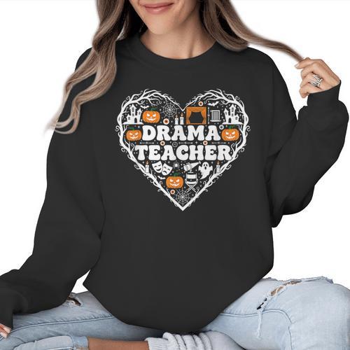 Drama Teacher Heart Pumpkin Ghost Halloween Kids Women Crewneck Sweatshirt - teacherstshirts.com UK