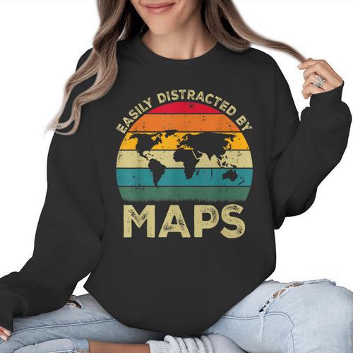 Easily Distracted By Maps Geography Teacher Women Crewneck Sweatshirt - teacherstshirts.com AU