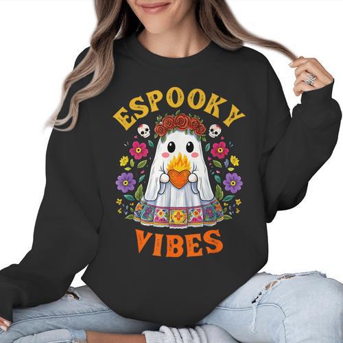 Espooky Vibes Spanish Mexican Halloween Ghost Teachers Women Crewneck Sweatshirt - teacherstshirts.com