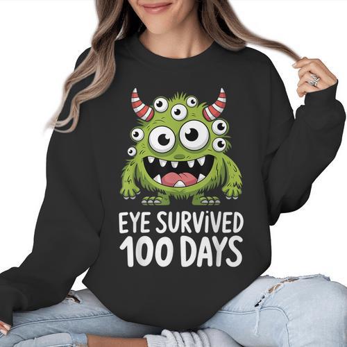 Eye Survived 100 Days Of School Monster Lover Teacher Kids Women Crewneck Sweatshirt - teacherstshirts.com