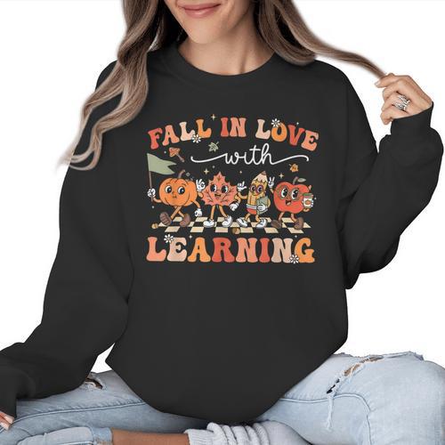 Fall In Love With Learning Autumn Teacher Thanksgiving Women Crewneck Sweatshirt - teacherstshirts.com CA