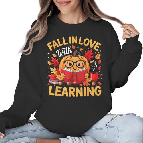 Fall In Love With Learning Pumpkin Thanksgiving Teacher Fall Women Crewneck Sweatshirt - teacherstshirts.com AU