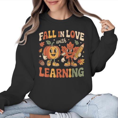 Fall In Love With Learning Retro Autumn Thanksgiving Teacher Women Crewneck Sweatshirt - teacherstshirts.com CA