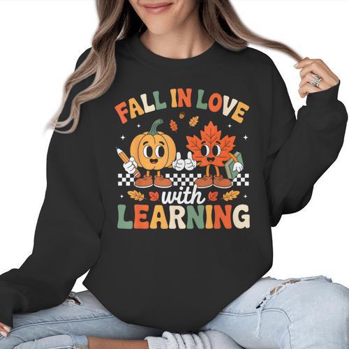 Fall In Love With Learning Shirt Autumn Thanksgiving Teacher Women Crewneck Sweatshirt - teacherstshirts.com AU