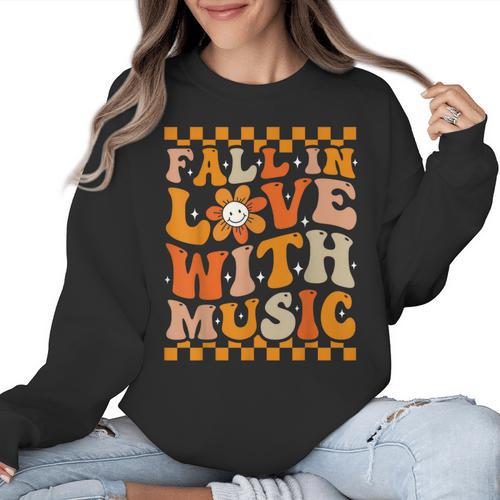 Fall In Love With Music Groovy Thanksgiving Music Teacher Men Women Girls Kids Women Crewneck Sweatshirt - teacherstshirts.com UK