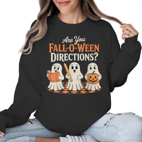 Are You Fall O Ween DirectionsRetro Teacher Halloween Ghost Women Crewneck Sweatshirt - teacherstshirts.com