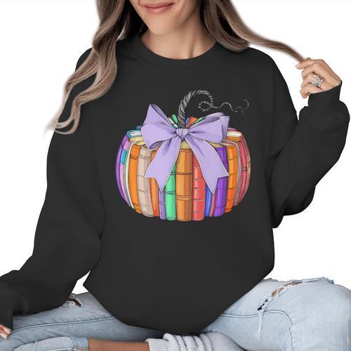 Fall Pumpkin Books Lover Halloween Teacher Teaching Staff Women Crewneck Sweatshirt - teacherstshirts.com UK