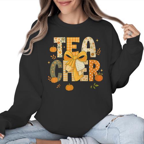 Fall Teacher Pumpkin Coquette Bow Autumn Classroom Women Crewneck Sweatshirt - teacherstshirts.com UK