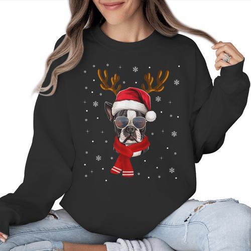 Family Matching Reindeer Xmas Boston Terrier Christmas Women Crewneck Sweatshirt - Bostonterriersmerch.com