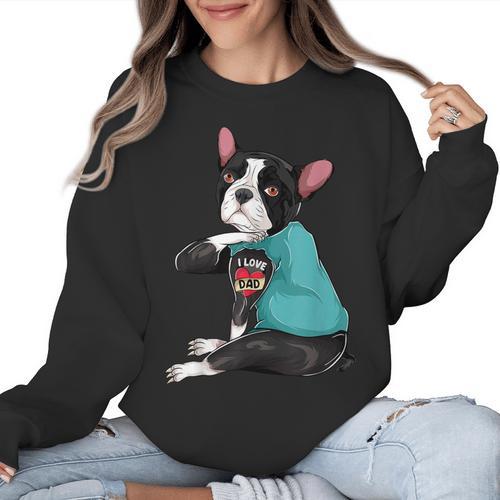 Father's Day Gift Dog Dad Boston Terrier i Love Dad Tattoo Women Crewneck Sweatshirt - Bostonterriersmerch.com