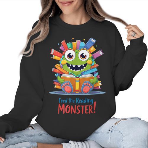 Feed The Reading Monster Halloween Teacher Women Crewneck Sweatshirt - teacherstshirts.com