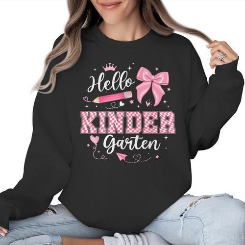 First Day Of School Teacher Girl Coquette Hello Kindergarten Women Crewneck Sweatshirt - teacherstshirts.com AU
