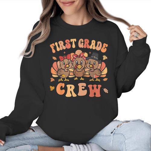 First Grade Crew Thanksgiving Fall Teacher 1st Grade Team Women Crewneck Sweatshirt - teacherstshirts.com AU