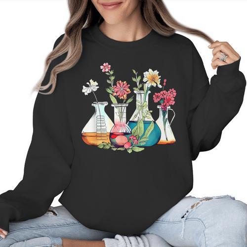 Floral Beakers Chemistry Lab Teacher Women Crewneck Sweatshirt - teacherstshirts.com