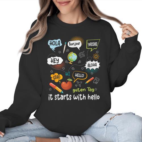 Friendship Inclusion Language Teacher It Starts With Hello Women Crewneck Sweatshirt - teacherstshirts.com AU