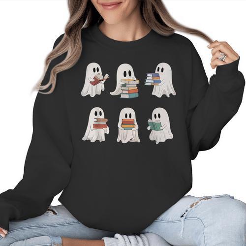 Ghost Reading Books Teacher Halloween Librarian Cute Boook Women Crewneck Sweatshirt - teacherstshirts.com CA
