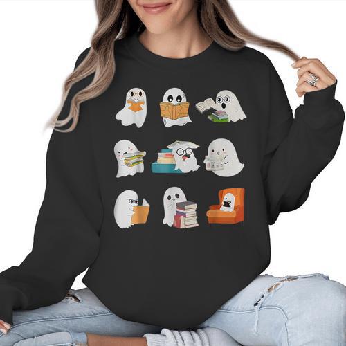 Ghost Reading Teacher Halloween Librarian Book Lover School Women Crewneck Sweatshirt - teacherstshirts.com UK