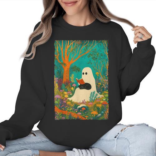 Groovy Ghost Reading Book Cat Halloween Ghost Teacher Women Crewneck Sweatshirt - teacherstshirts.com UK