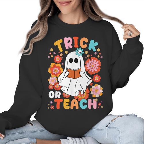 Groovy Halloween Trick Or Teach Retro Floral Ghost Teacher For Men Women Kids Women Crewneck Sweatshirt - teacherstshirts.com DE