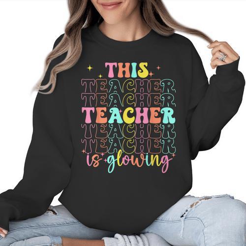 Groovy This Teacher Is Glowing Hello Summer End Of School Women Crewneck Sweatshirt - teacherstshirts.com UK