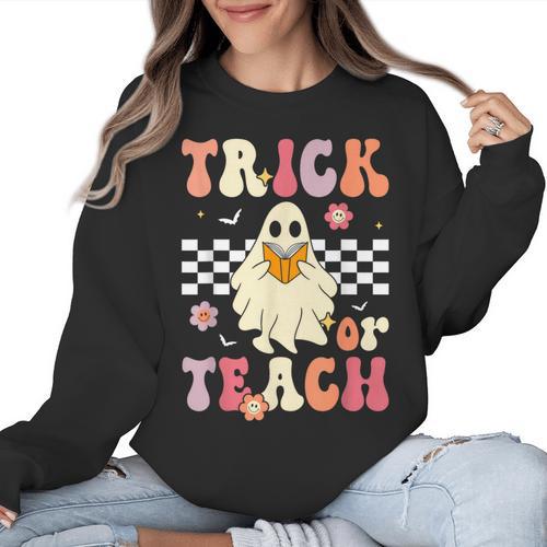 Groovy Teacher Halloween Retro Trick Or Teach Floral Ghost Women Crewneck Sweatshirt - teacherstshirts.com DE