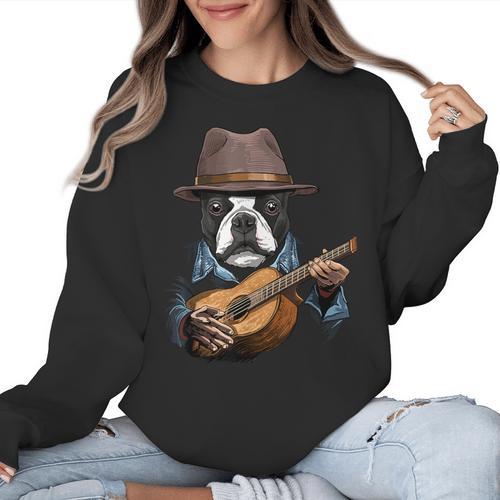 Guitar Shirt Boston Terrier Dog Playing Acoustic Guitar Women Crewneck Sweatshirt - Bostonterriersmerch.com