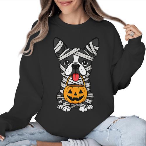 Halloween Dog Boston Terrier Mummy Costume Men Women Kids Women Crewneck Sweatshirt - Bostonterriersmerch.com