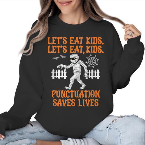 Halloween Lets Eat Kids Punctuation Teacher Women Crewneck Sweatshirt - teacherstshirts.com AU