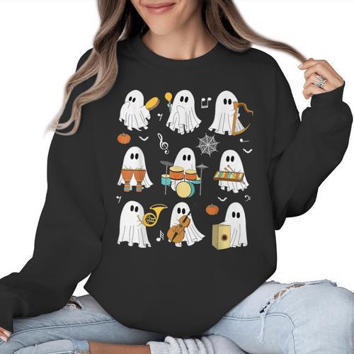 Halloween Ghost Playing Musical Instruments Music Teacher Women Crewneck Sweatshirt - teacherstshirts.com